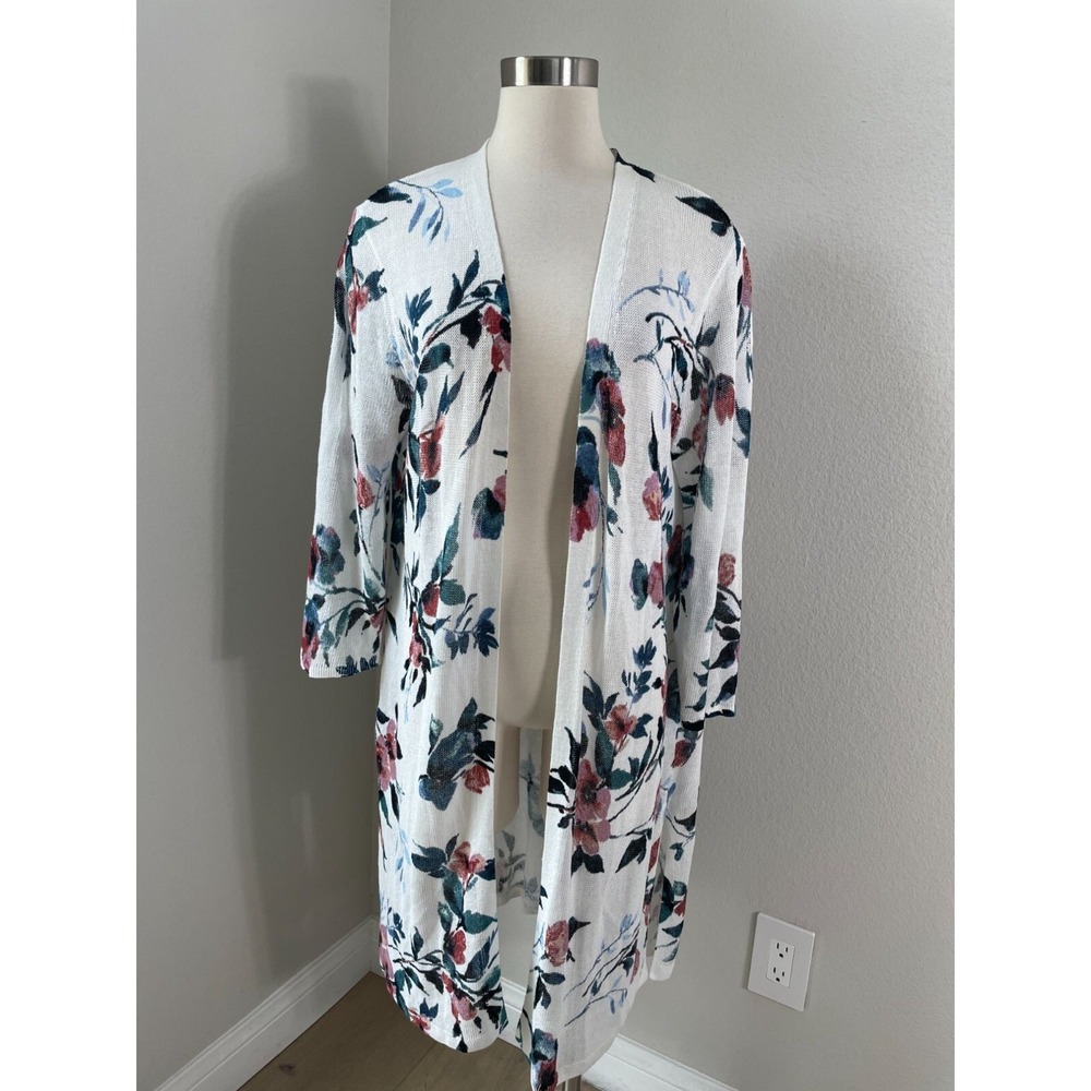 J Jill Womens Large Floral Open Cardigan Sweater Duster Linen Blend Mid Length